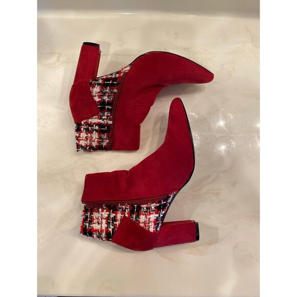 Allegra K Booties Tweed Plaid Faux Suede Ankle Boots Burgundy Sz 7 Chunky Heel - Picture 7 of 12